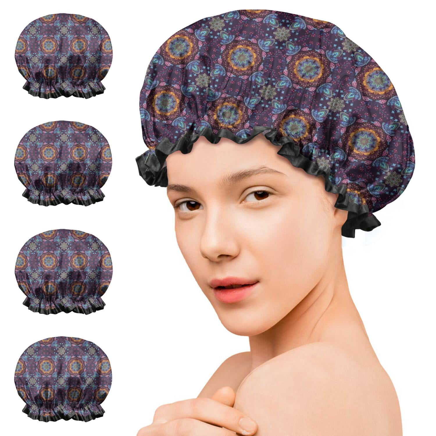 Shower Caps,Purple Circular Floral Pattern Waterproof Shower Cap for Women 4 Pieces,Double Reusable Hair Cover for Shower PEVA Elastic Stretch Hem