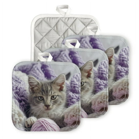 

BaHomeck Heat Resistant Hot Pads 4 pack Cute Kitten Playing With Balls Of Yarn In The Center Square Pot Holder for Kitchen Cooking oven And BBQ grill with Hanging Loop Potholder machine washable