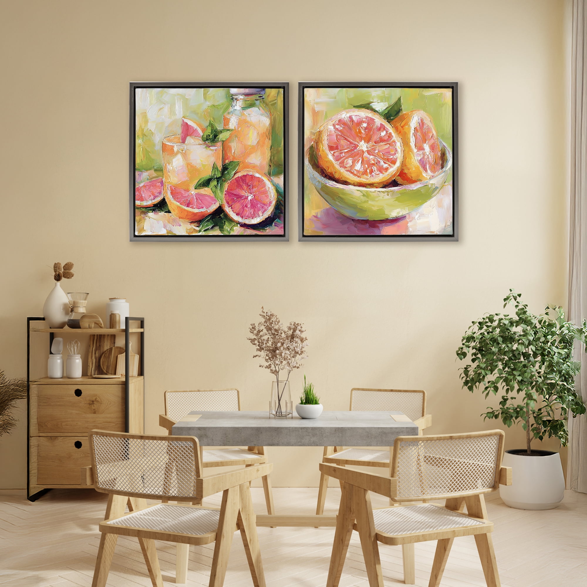 Stupell Industries Grapefruit Drinks & Fruits 2 Piece Gray Framed Floater Canvas Set, design by Riley B