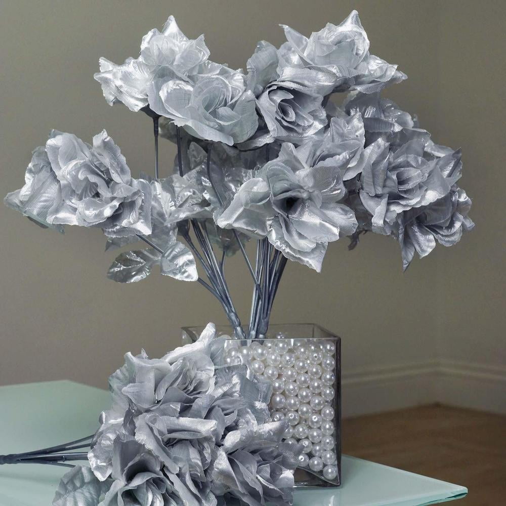 12 Bushes 84 pcs Silver Artificial Silk Rose Flowers