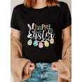 thumbnail image 1 of Women's Casual Easter T-Shirt - Black with Colorful Egg and Bunny Ear Print, Short Sleeve, Round Neck, Polyester Blend, Machine Washable Tee For Adult, Men, Women, Teen, Teenager, Adolescent, Youth., 1 of 6