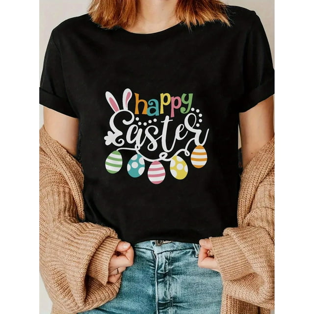 Women's Casual Easter T-Shirt - Black with Colorful Egg and Bunny Ear Print, Short Sleeve, Round Neck, Polyester Blend, Machine Washable Tee For Adult, Men, Women, Teen, Teenager, Adolescent, Youth.
