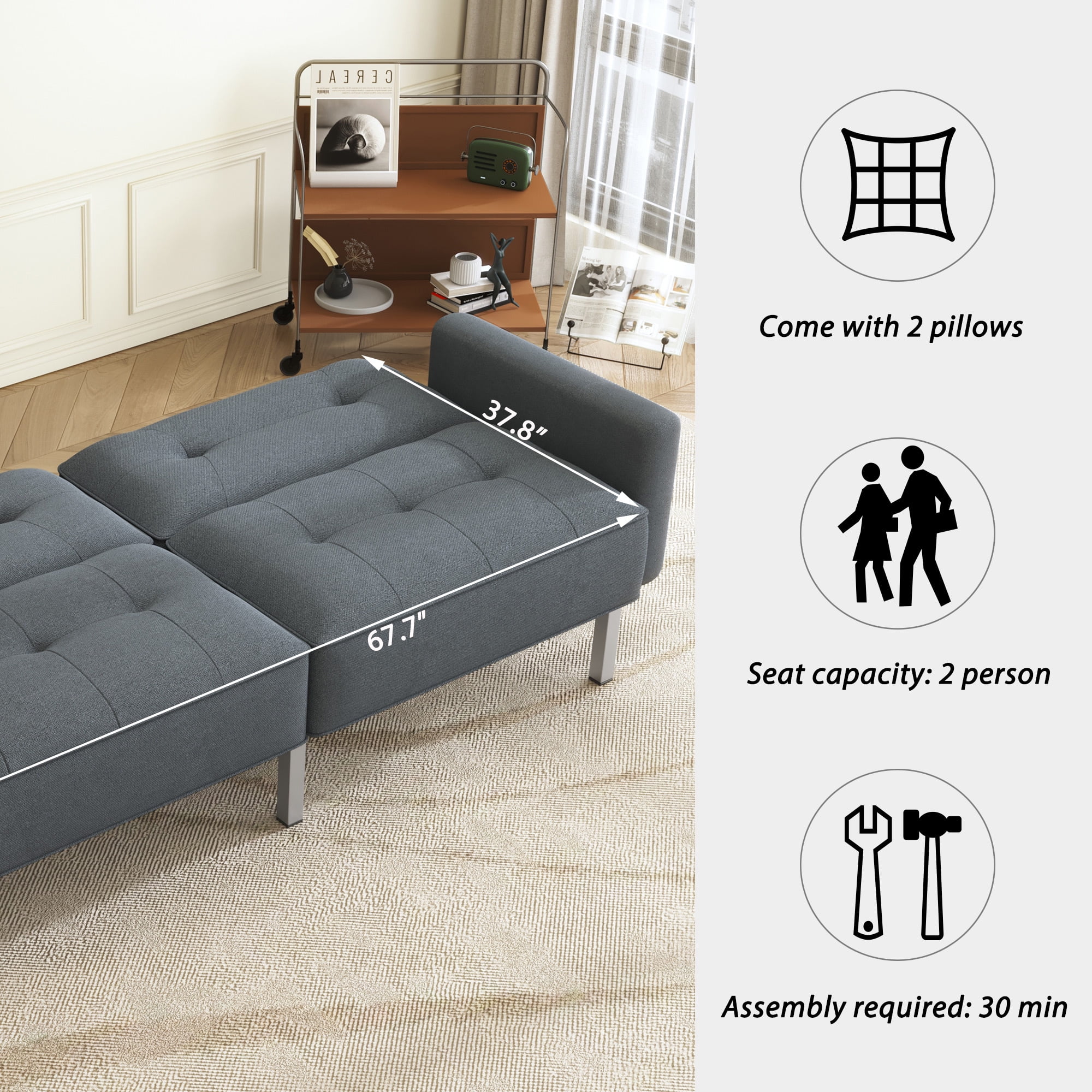 Aukfa 76" Futon Convertible Sofa Bed, Arm Couch for Home Office, 2 Pillows, Linen, Gray