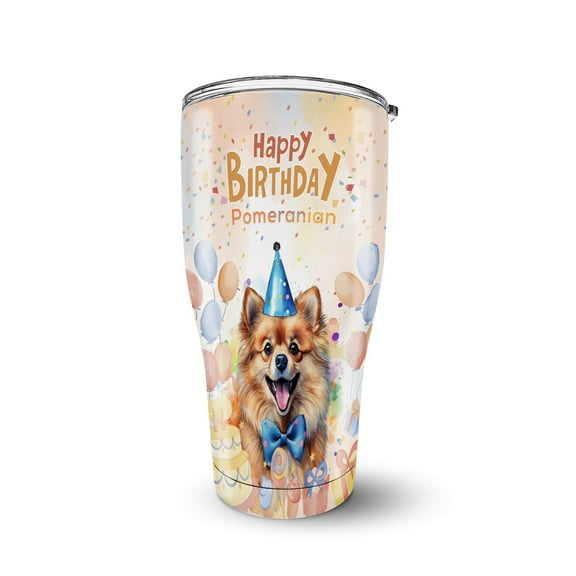 Watercolor Pomeranian Happy Birthday Celebration Balloons Gift Party 30oz Stainless Steel Tumbler Insulated Cup with Lid Pom Dog Lover Gifts - 00028