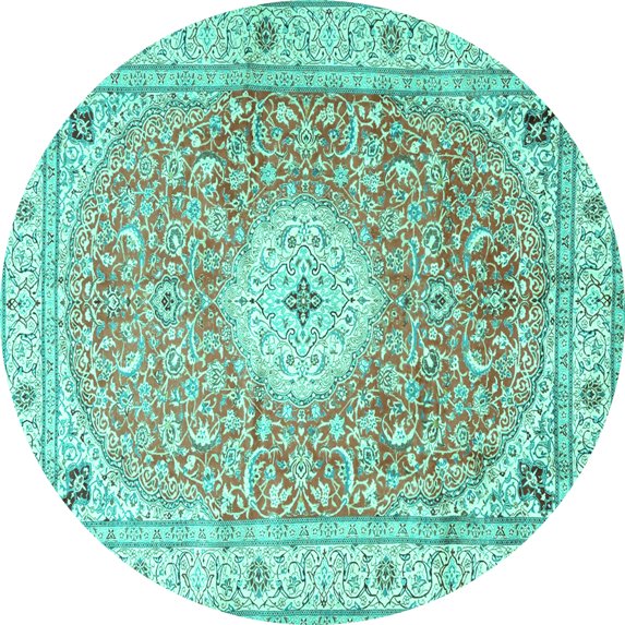 Ahgly Company Machine Washable Indoor Round Medallion Turquoise Blue Traditional Area Rugs, 3' Round