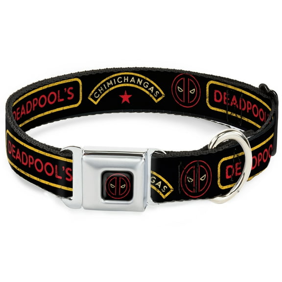 Marvel Comics Pet Collar, Dog Collar Metal Seatbelt Buckle, Deadpools Chimichangas Star Logo Weathered Black Yellow Red, 9.5 to 13 Inches 1.0 Inch Wide