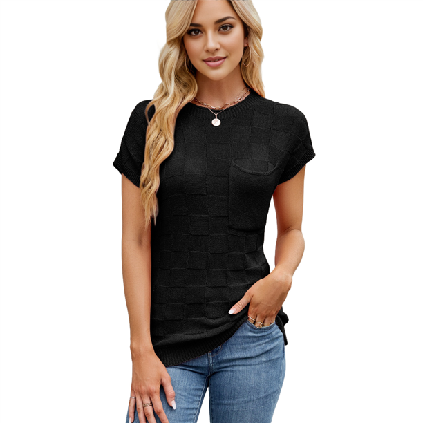 Tops de Verano con Mangas para Mujer, Suéter Informal de Punto de Corta, Camisas Holgadas Negro XL