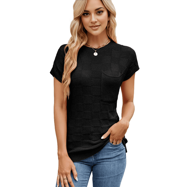 Tops de Verano con Mangas para Mujer, Suéter Informal de Punto de Corta, Camisas Holgadas Negro XL