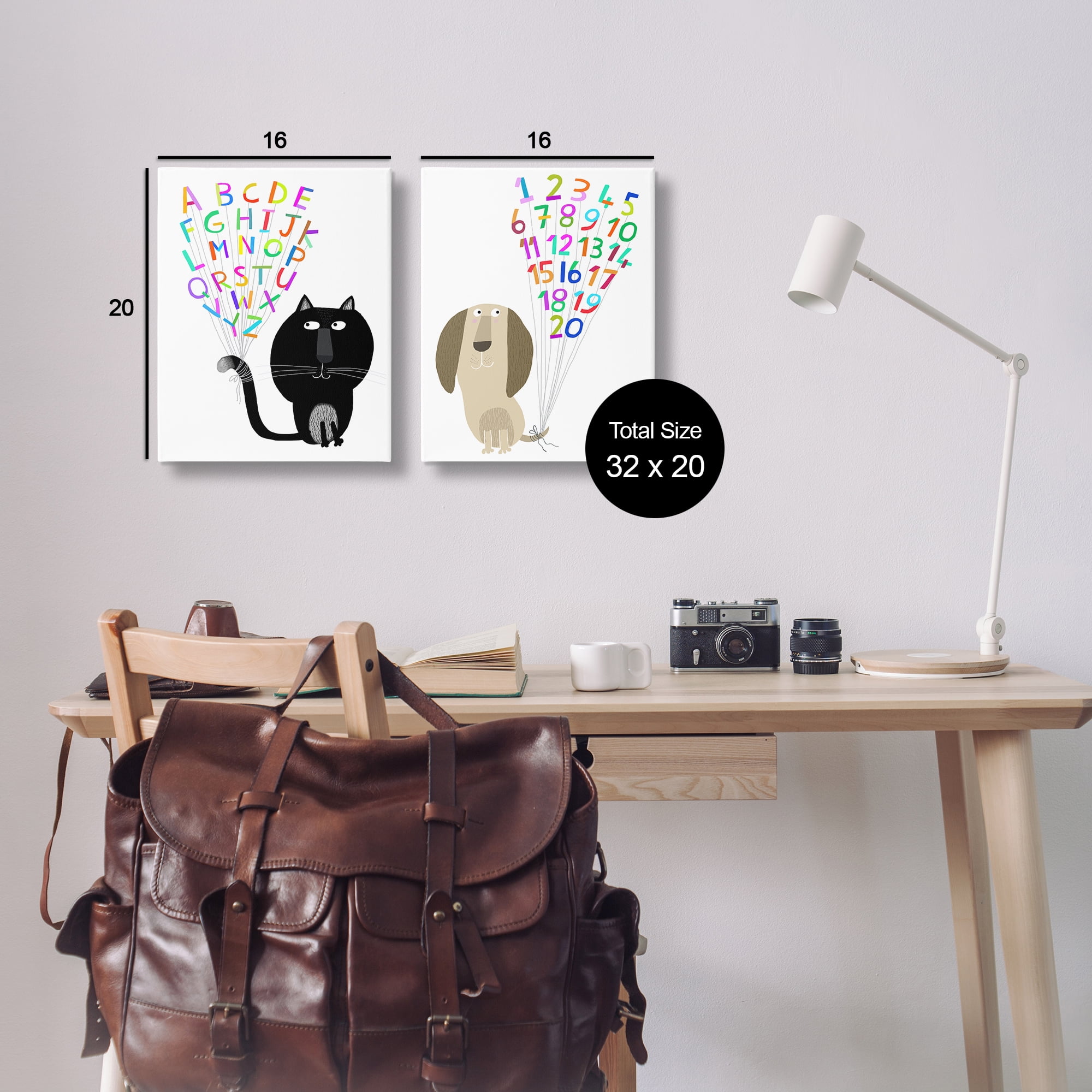 Stupell Industries Cat Dog Alphabet Numbers Education Painting Wrapped Canvas Art Print Wall Art, 16 x 20, Set of 2