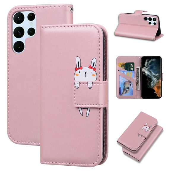 SaniMore for Samsung Galaxy S23 Ultra Case, PU Leather Flip Folio Cover with Stand, Card Slots, [Lovely Pet Magnetic Clasp] Full Protetcion Shockproof TPU Wallet Shell for Samsung S23 Ultra, Rosegold