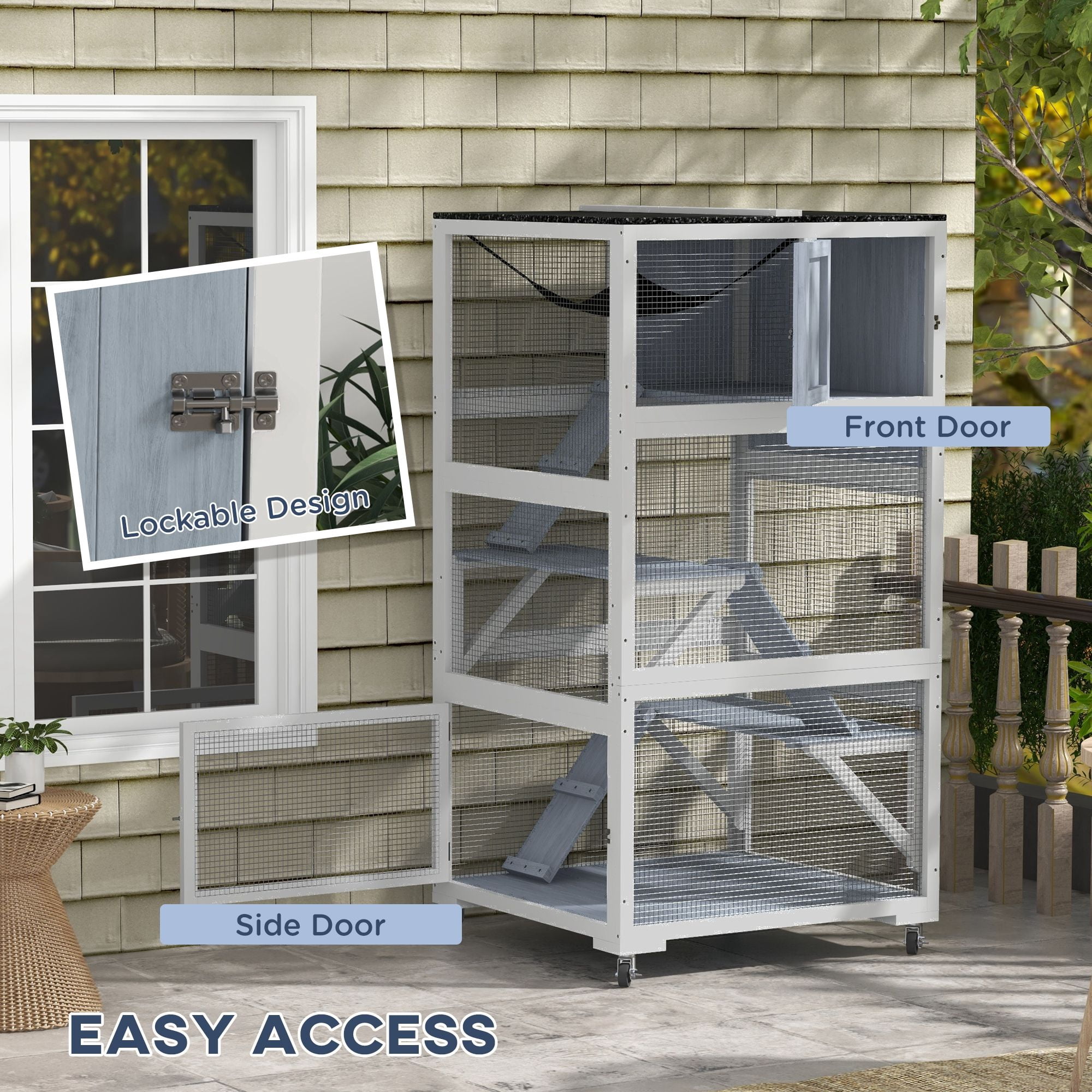 PawHut Outdoor Catio Enclosure, Multi-Level Fir Wood Cat Cage with Hammock, Ramps, and Nap Box, Mobile Wheels, Weather-Resistant Asphalt Roof, 33.75"L x 31.5"W x 66"H, Light Gray