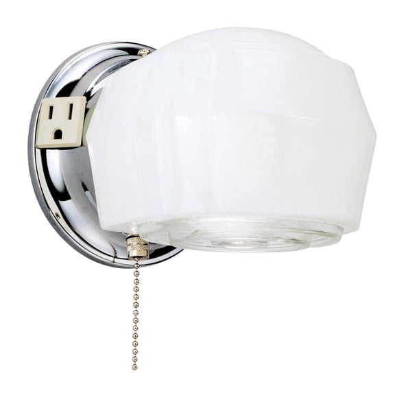 One-Light Classic Wall Fixture with Ground Convenience Outlet and Pull Chain, Chrome Finish Base with White and Crystal Glass
