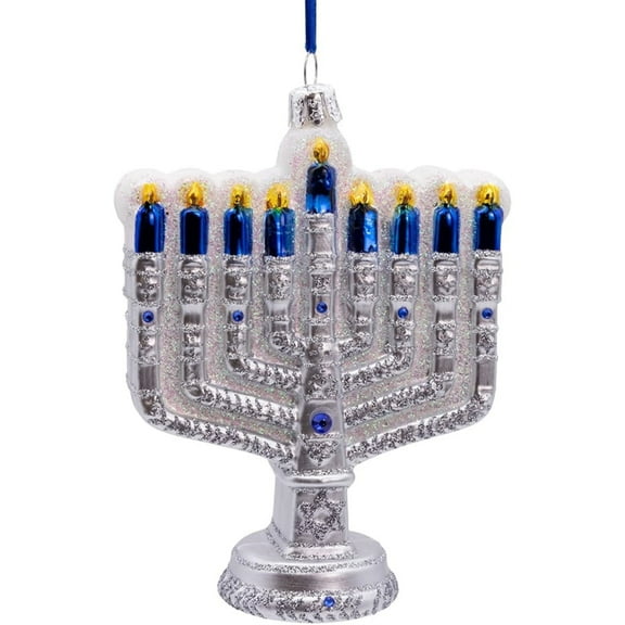 Noble Gems Silver Glittered MENORAH Glass Hanukkah Ornament, by Kurt Adler