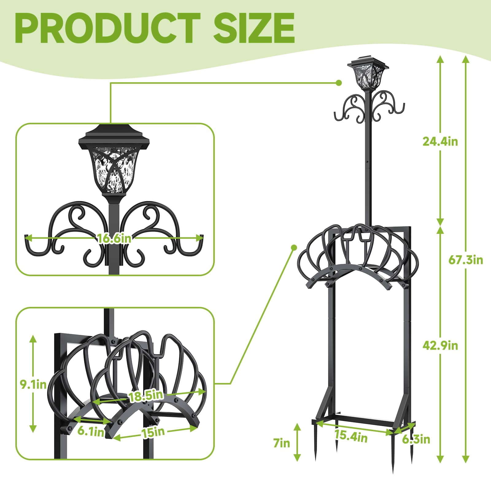 Yacona Garden Hose Holder with Light, Water Hose Holders for Outside with Shepherds Hooks, Freestanding Water Pipe Stand, Black