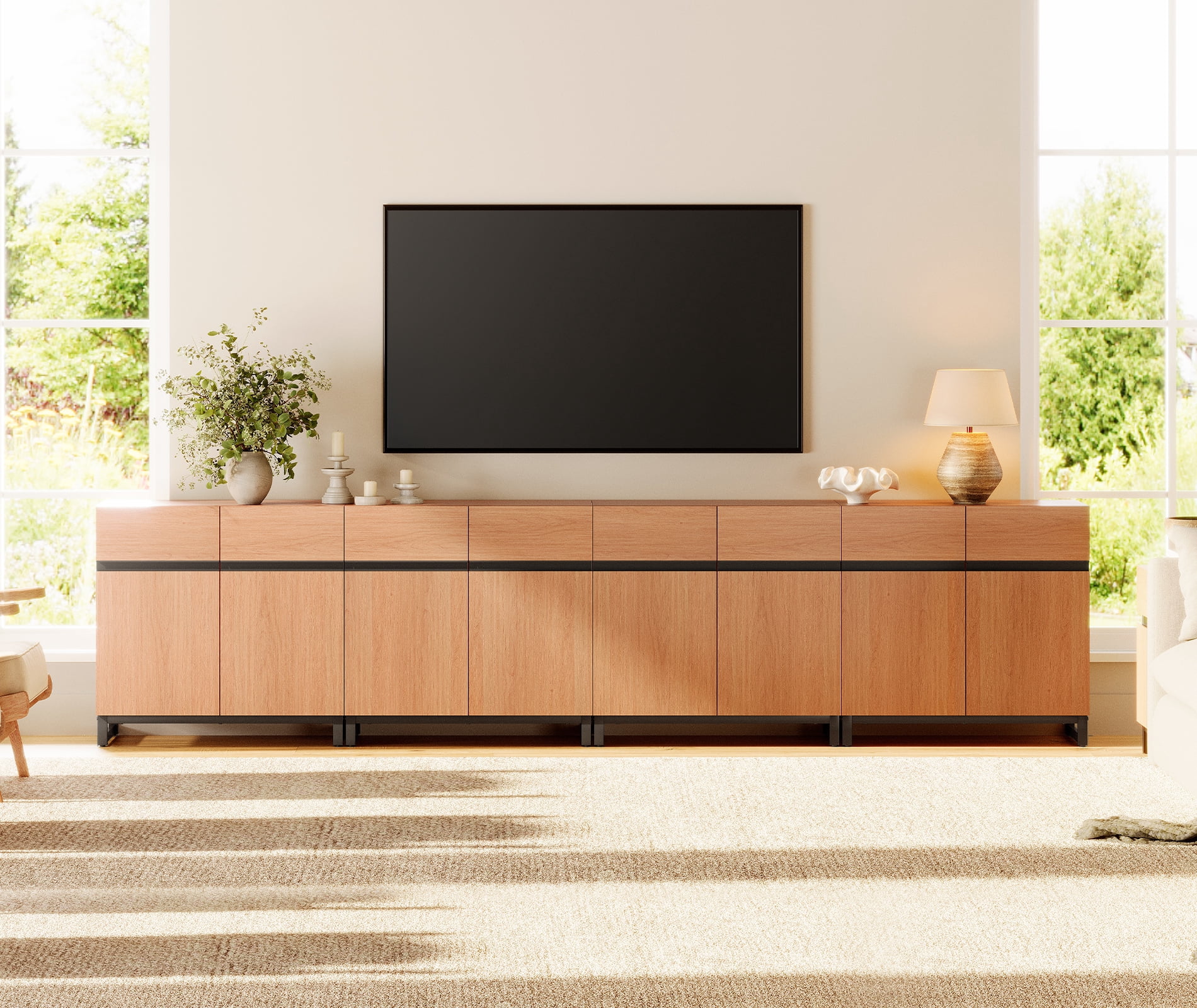 WAMPAT 126" TV Stand with Doors,Modern TV Stand for TVs up to 120 Inch,4 Packs Wood Entertainment Center with Adjustable Shelves & Metal Base.