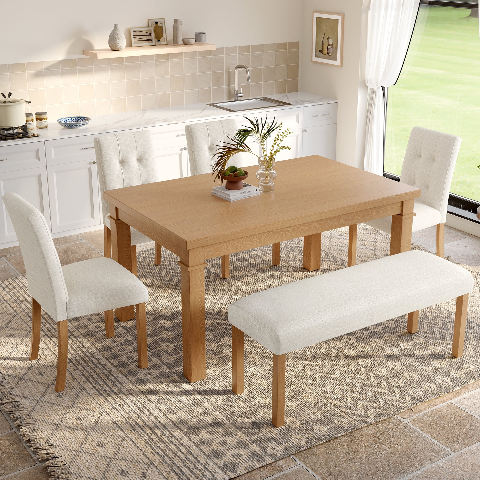 Euroco 6-Piece Wood Dining Table Set for 6, Modern Rectangular Kitchen Table Set with 4 Upholstered Chairs & Bench for Kitchen Dining Room,Natural