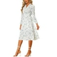 thumbnail image 4 of INSPIRE CHIC Women's Floral Dress Long Sleeve V Neck Pleated Flowy Summer Midi Dress L White, 4 of 7