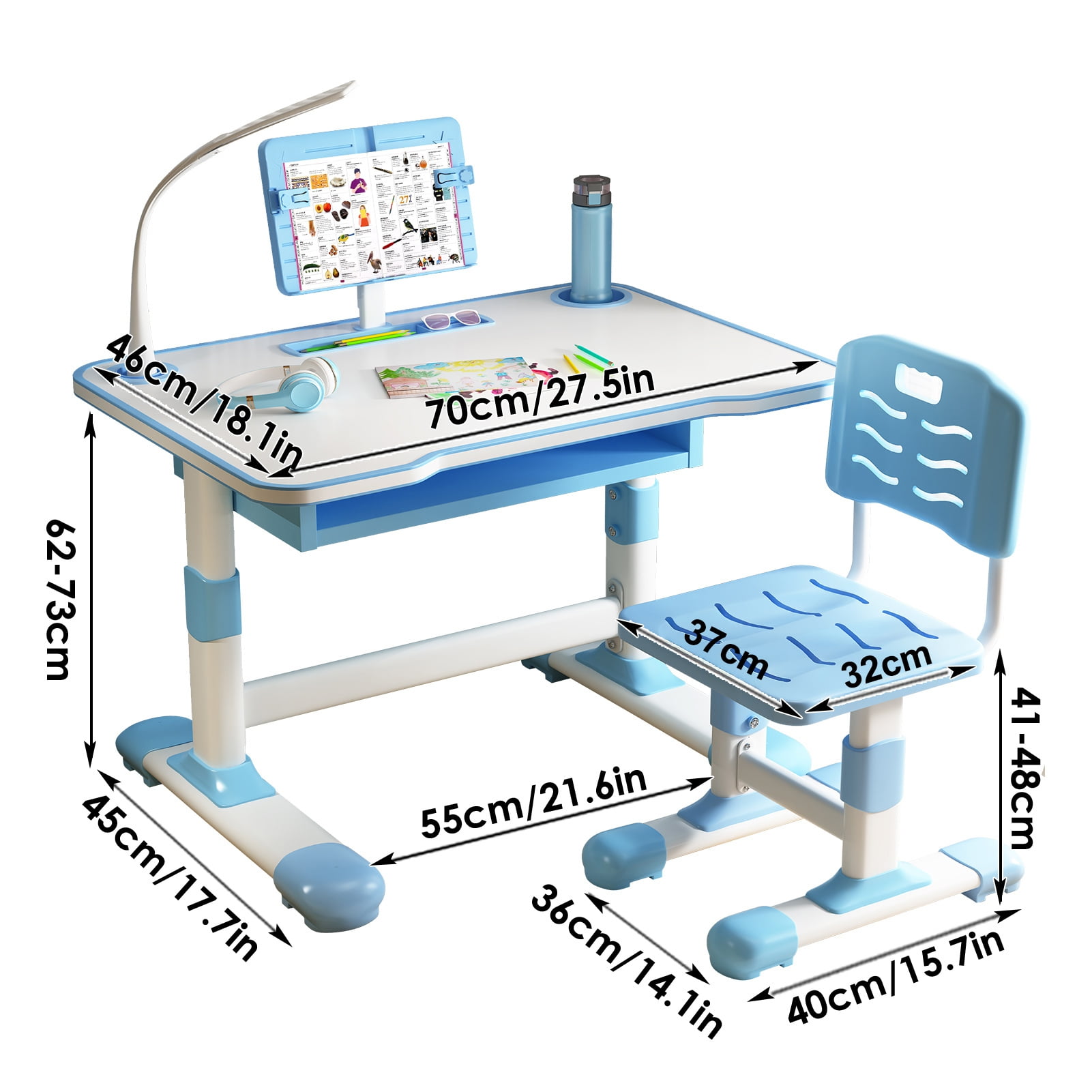 AurumEdge Kids Desk and Chair Set, Height Adjustable Kids Desk with Storage Drawer, Reading Stand and Holes for Lamp, Table for Kids(Blue)