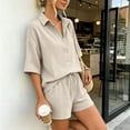 thumbnail image 5 of Mifsaly Short Outfits for Women 2 Piece Sets Short Sleeve Button Down Henley Shirts and Drawstring Shorts Casual Summer Beach Vacation Lounge Matching Clothes Beige,S, 5 of 9