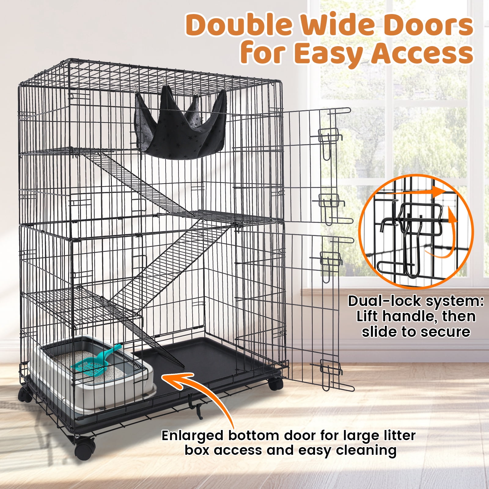 Homey Pet 50 Inch Cat Cages Indoor, Large 4-Tier Cat Crates for Indoor Cats, Collapsible Metal Wire Cat Enclosures Big Multi-Level Cat Cage for Adult Cats Kitten Kitty with Hammock, Ramp, 360° Wheels