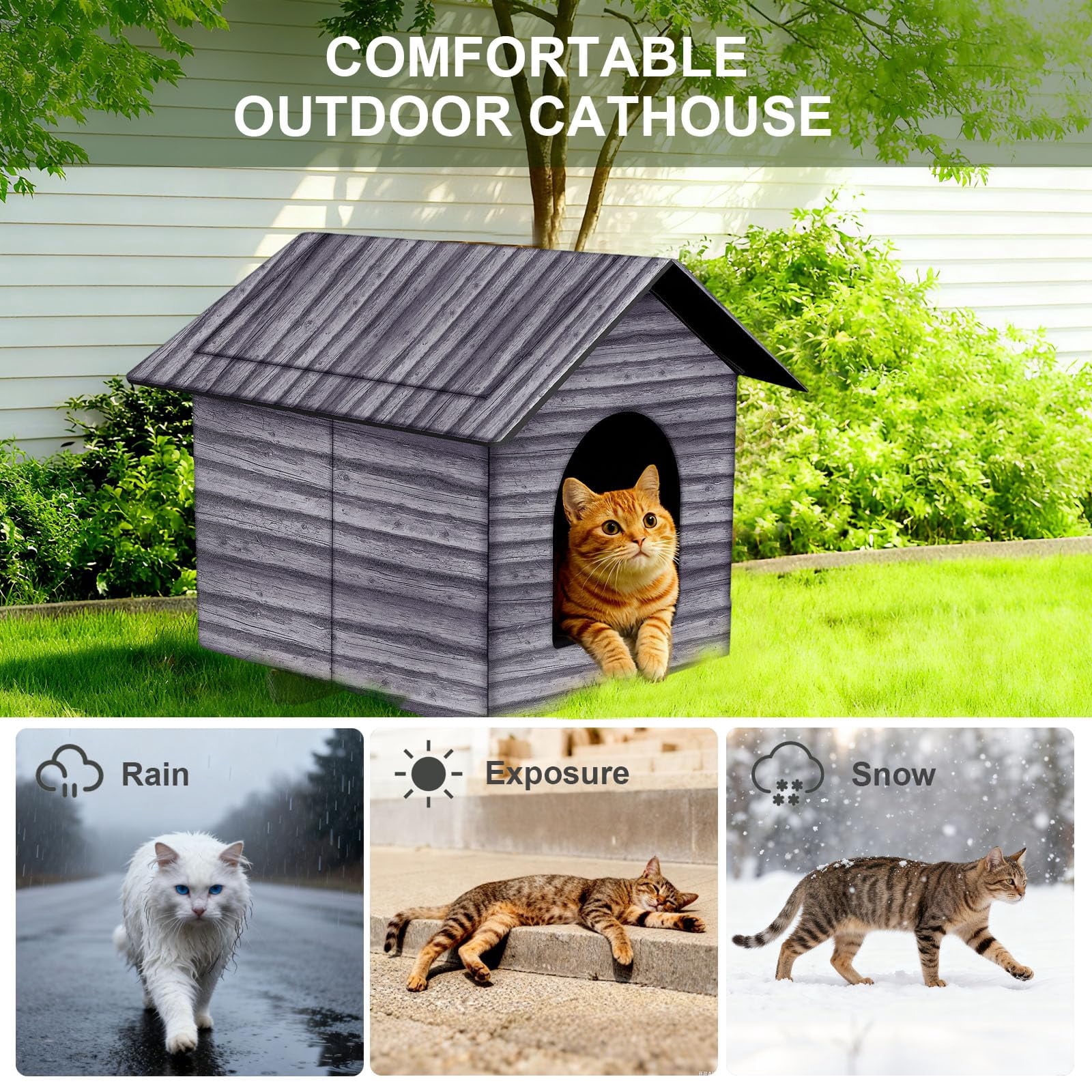 Outdoor Cat House Cat House for Outdoor and Indoor Use - Waterproof Shelter for Cats, Dogs, and Feral Animals (Grey Wood Color, Large)