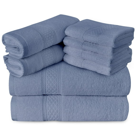 Gogreen 100% Cotton Bath Towel Sets of 8 Pieces, 2 Bath Towels 2 Hand Towels 4 Washcloths, Highly Absorbent Towels for Bathroom, Gym, Hotel (Blue)