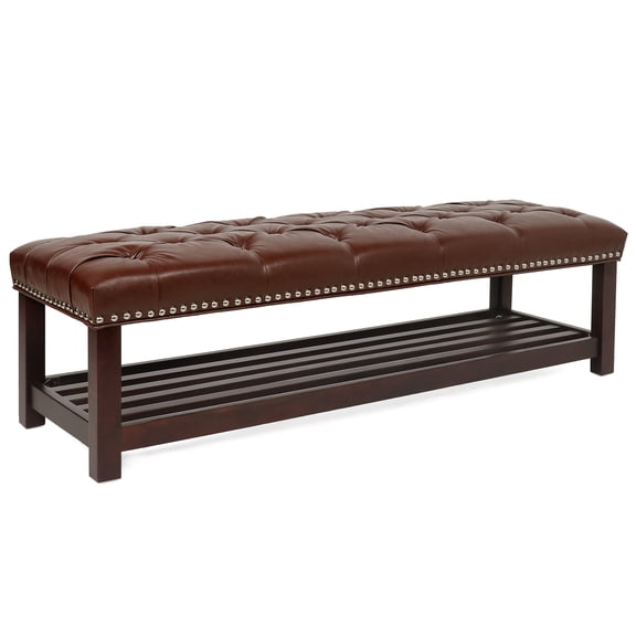 Bedroom End of Bed Bench Tufted Upholstered End of Bed Bench End of Bed Entrance Shoe Bench, 60" with Nailhead Trim and Shelf Bedroom Upholstered Leather Bench Living Room Shoe Rack Footstool (brown)