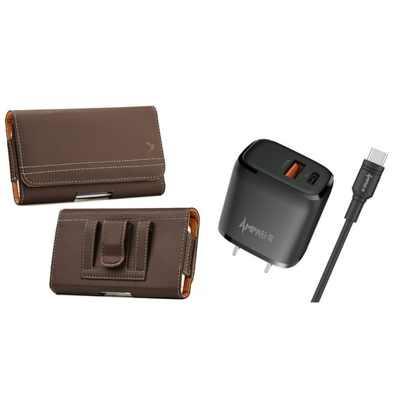 Holster and Wall Charger Bundle for Samsung Galaxy S22: PU Leather Magnetic Belt Pouch Case (Brown) and 38W Dual Port (Power Delivery PD Type-C and USB-A) Power Adapter