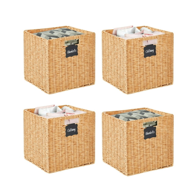 DECOMOMO Wicker Baskets Storage Organization Waterproof Plastic Storage Cubes for Toys, Books, Clothes (Set of 4 - Brown)