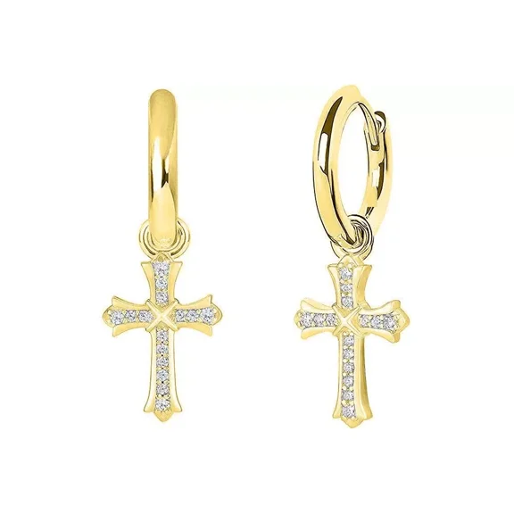 Men & Women 18K Gold Plated CZ Cross Leverback Huggie Hoop Drop Small Earrings