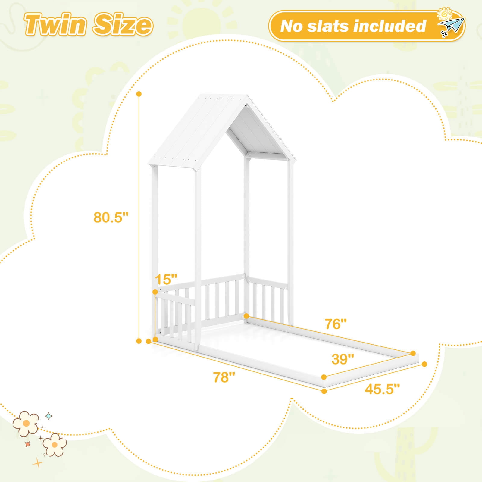 Costway Twin Size House Bed Montessori Floor Bed with House Shape Roof & Semi-Fence White