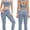 Blue, variant on PISONIC Two Piece Womens Workout Set Backless Color Block Tank Tops Matching High Waist Leggings Gym Work Out Outfits