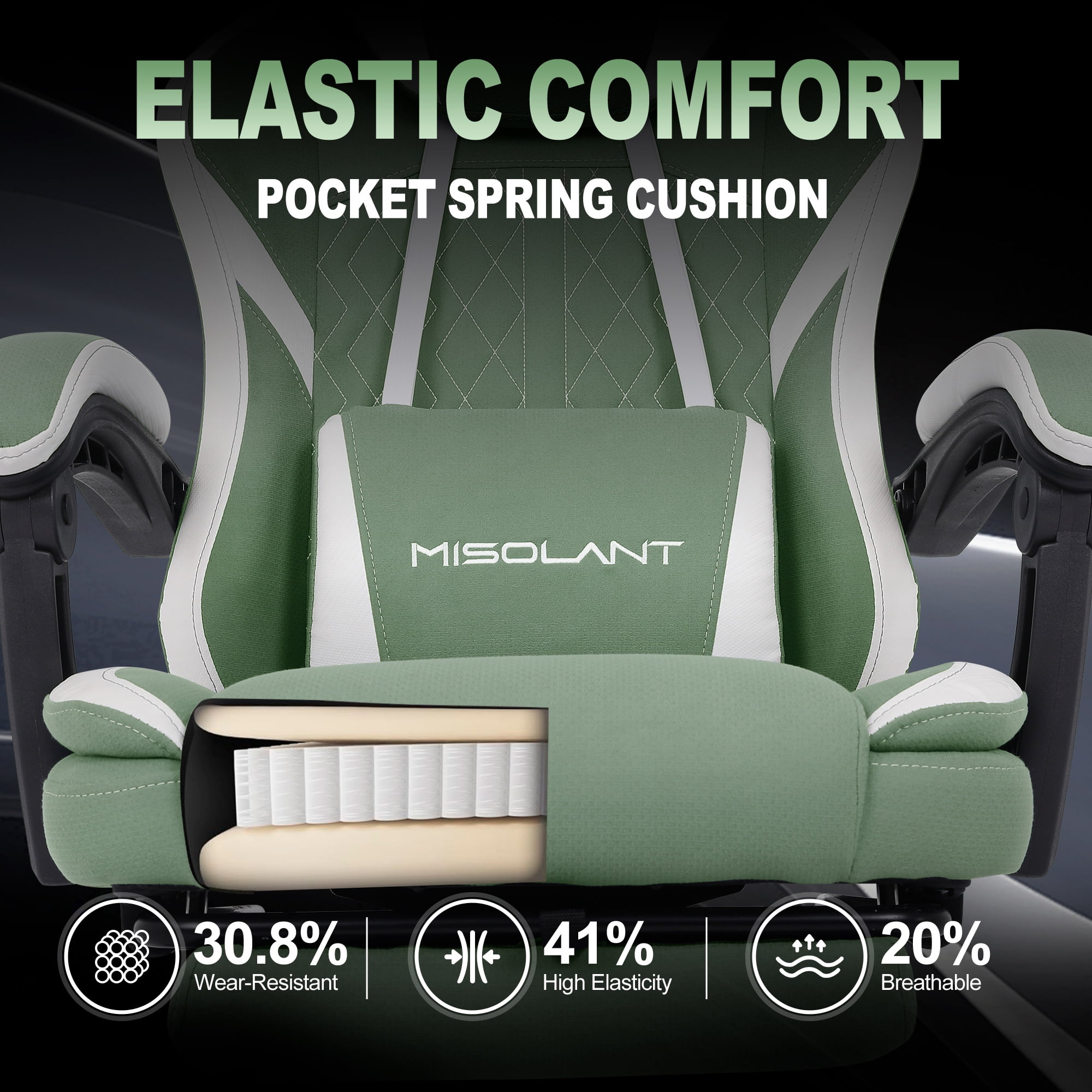 Misolant Gaming Chair, Fabric Gamer Chair with footrest for Adults, High Back Ergonomic Computer Game Chair with Adjustable Headrest and Massage Lumbar Support, 90-155° Recline Free，Green