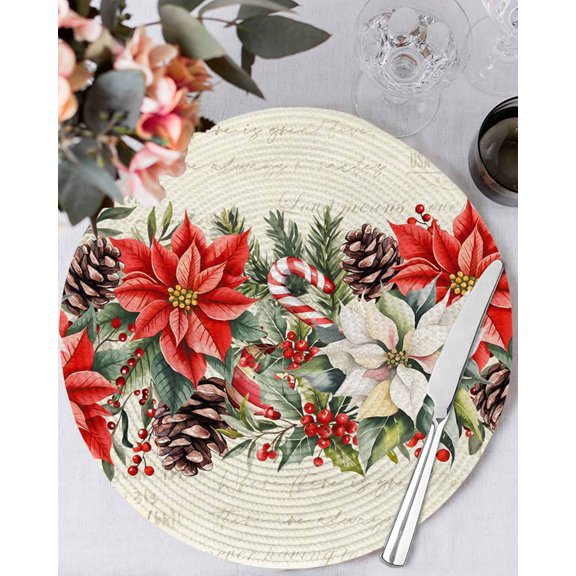15 Inch Round Placemats Set of 6, Christmas Poinsettia Non Slip Heat Insulation PP Table Mats, Xmas Floral Pine Cones Winter Washable Place Mats for Kitchen Dining Party Table Decor