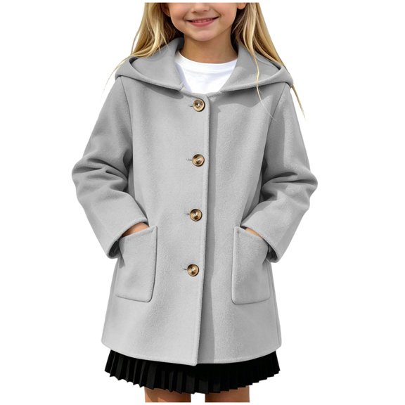 Mnyotv Little Girls Hooded Trench Coats Fall Winter Outwear Jackets Button Down Long Sleeve Overcoat with Pockets Size 8-9 Years