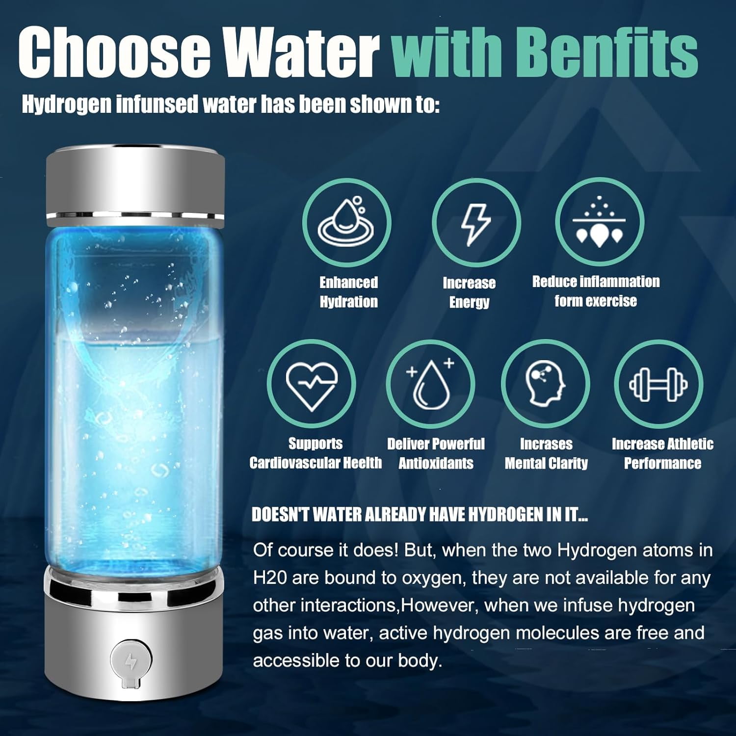 Upgraded Hydrogen Water Bottle with PEM SPE Technology, Portable Rechargeable Hydrogen Water Ionizer Machine, Hydrogen Water Generator for Home Travel, Gift for Men Women (Silver)