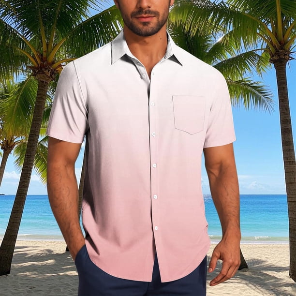 Blusa y camisa de manga corta con cuello vuelto para hombre, blusa informal de moda con cuello vuelto, estampado degradado, camisa de manga corta con botones, blusa de poliéster para hombre