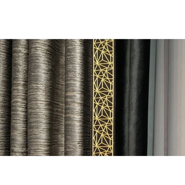 European Velvet Blackout Grey Luxury Curtains for Living Room Tulle Vintage Golden Lace Stitching Bedroom Custom Dining Room