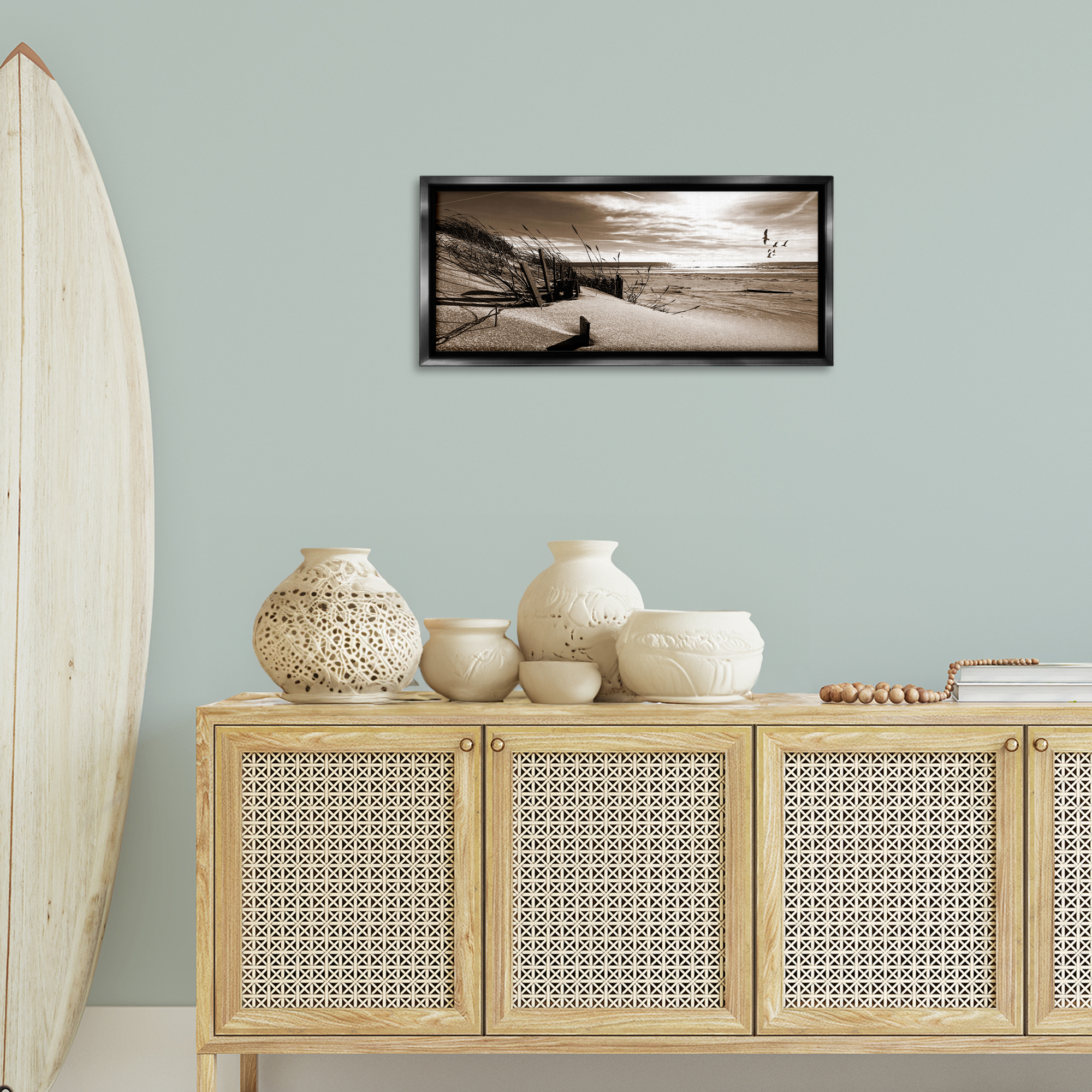 Stupell Industries Zen Sands Beach Landscape Photography Black Floater Framed Canvas Art Print Wall Art, 31 x 14