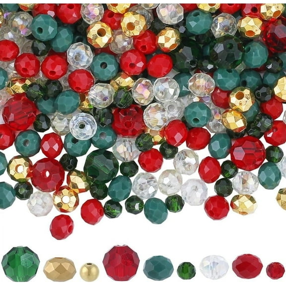 1 BOX 1050PCS Glass Christmas Beads Red and Green Beads Crystal Cute Xmas Round Loose Spacer Beads Bulk for Jewelry Making Bracelet Beading Kits Christmas Party Decor DIY