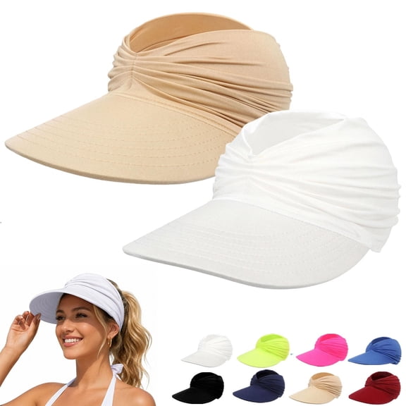 siminsem 2 Pack Women Sun Visor Hat UPF 50 Wide Brim Lightweight Foldable Ponytail Summer Beach Hat Roll Up UV Protection Cap for Travel Swimming Pool, Beige,One Size