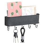 Oakeer Wall Mount Mail Holder and Key Hooks,Small Black Basket with Hanging Key Rack Holder for Organizing Keys Mail and Other Objects