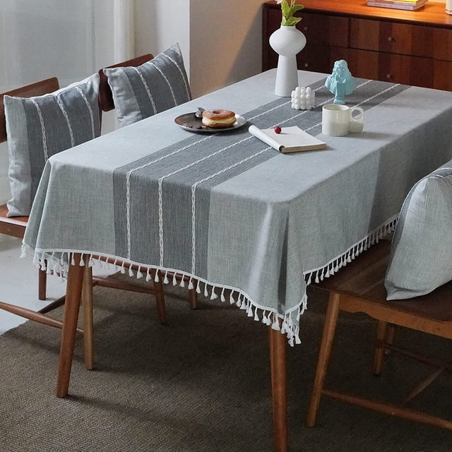GHSDFBB Middle Embroidery Table Cloth Washable Cotton Linen Tassel Tablecloth, Rectangle Wrinkle Free Anti-Fading Table Cover for Kitchen Dinning Thanksgiving Christmas (55x86 Inch, Gray)