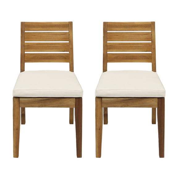 Set of 2 Outdoor Armless Dining Chairs with Cushions, Acacia Wood Patio Seating, Natural and Beige