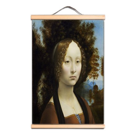 Portrait of Genevieve de Benci Famous Vintage Oil Painting - Leonardo da Vinci Antique Hanging Canvas Print Art Scroll Painting Wall Banner For Living Room Office Christ Church Gallery Wall Decor
