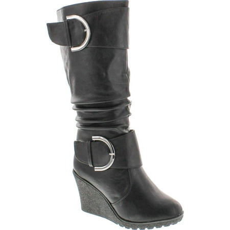 

Top Moda Womens Pure-65 Mid Calf Round Toe Slouched Wedge Heel Boots