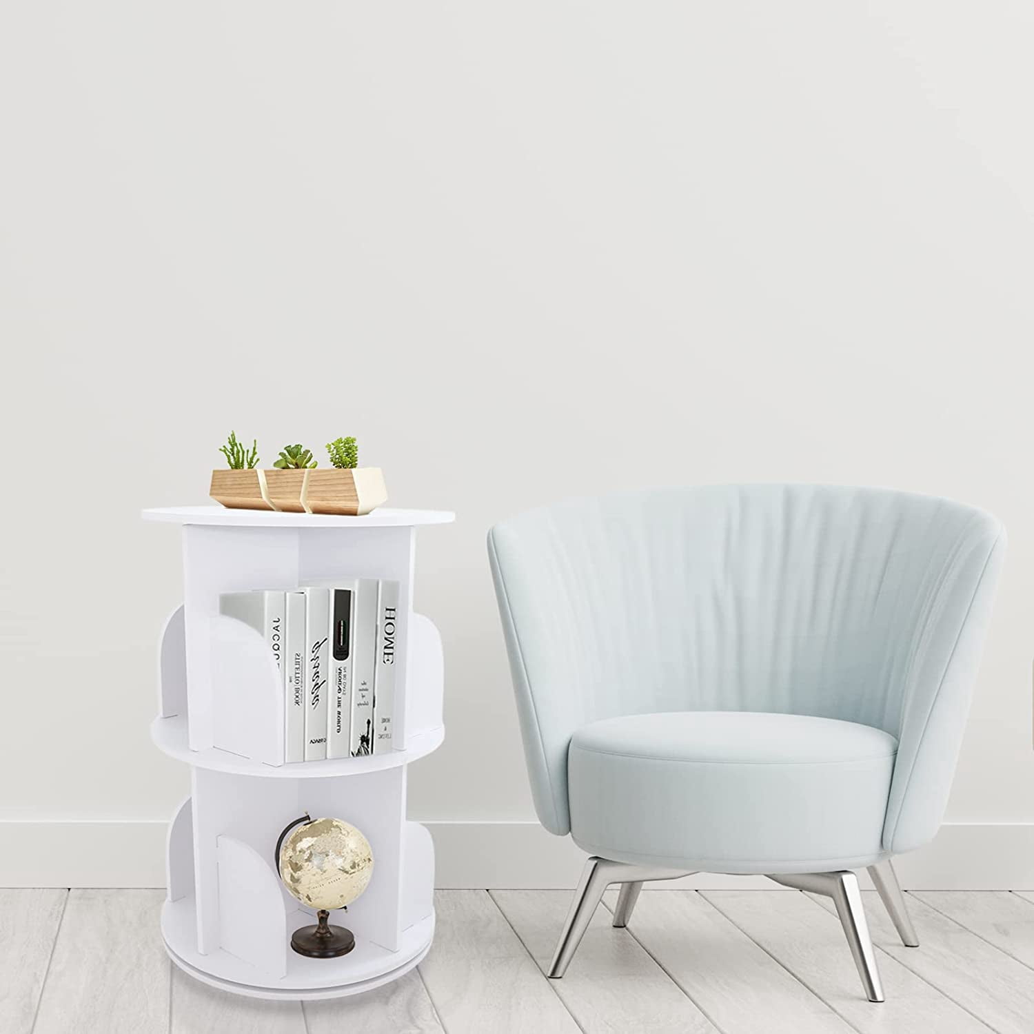 FETCOI 2 Tiers Rotating White Bookshelf 360 Degrees,Stackable Shelves Bookshelf Organizer,Storage Display Rack Floor Standing Shelves