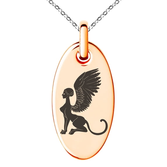 Stainless Steel Greek Mythology Shpinx Engraved Small Oval Charm Pendant Necklace