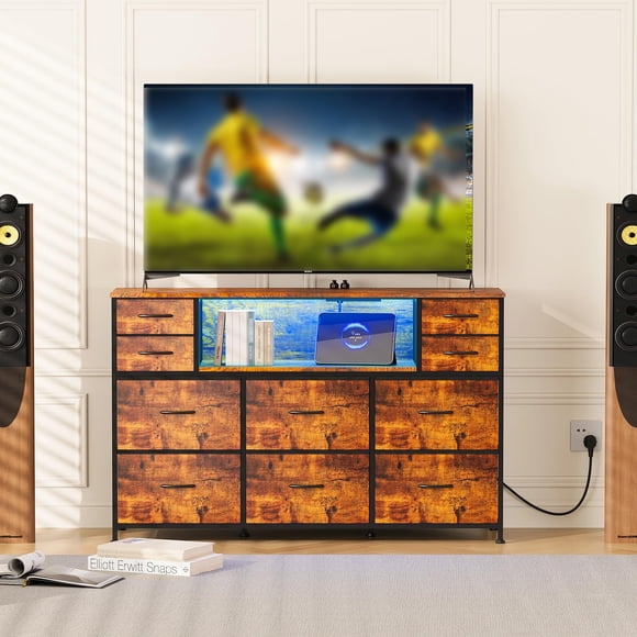 Yeshouse Cómoda de tela con 10 cajones y luces LED, estación de carga, estantes abiertos y cubierta de madera, mueble para TV de 40 a 55", ideal para dormitorio, sala y pasillo