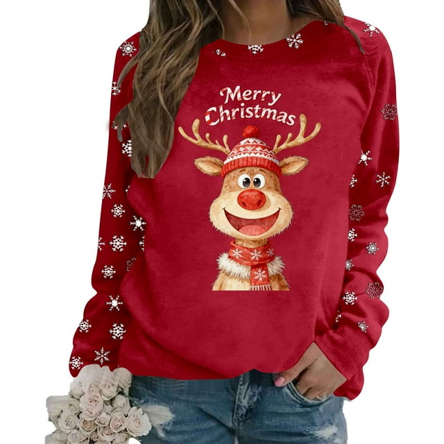Chandail en Molleton pour Femmes Chandail Tendance de Noël Col Rond Manches Longues Haut Athlétique Mode Automne
